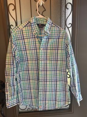 Vineyard Vines Blue, Green & White Plaid Button-Down Shirt
